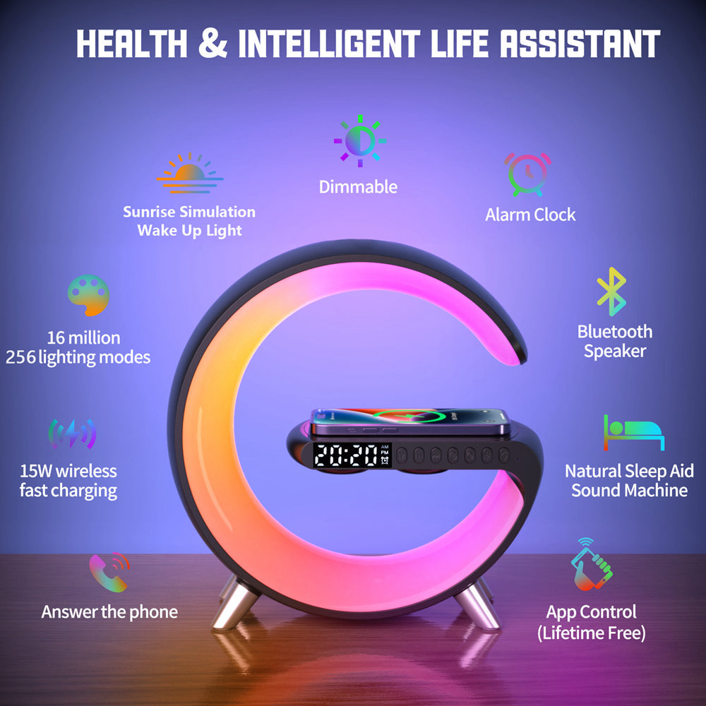 AuraSync 4-in-1 Alarm Clock | Mood Light, Bluetooth Speaker & Wireless Charger