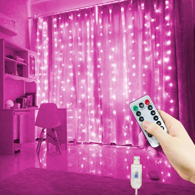 Remote Window Curtain Lights - Pink / 6Mx3M 600LEDs