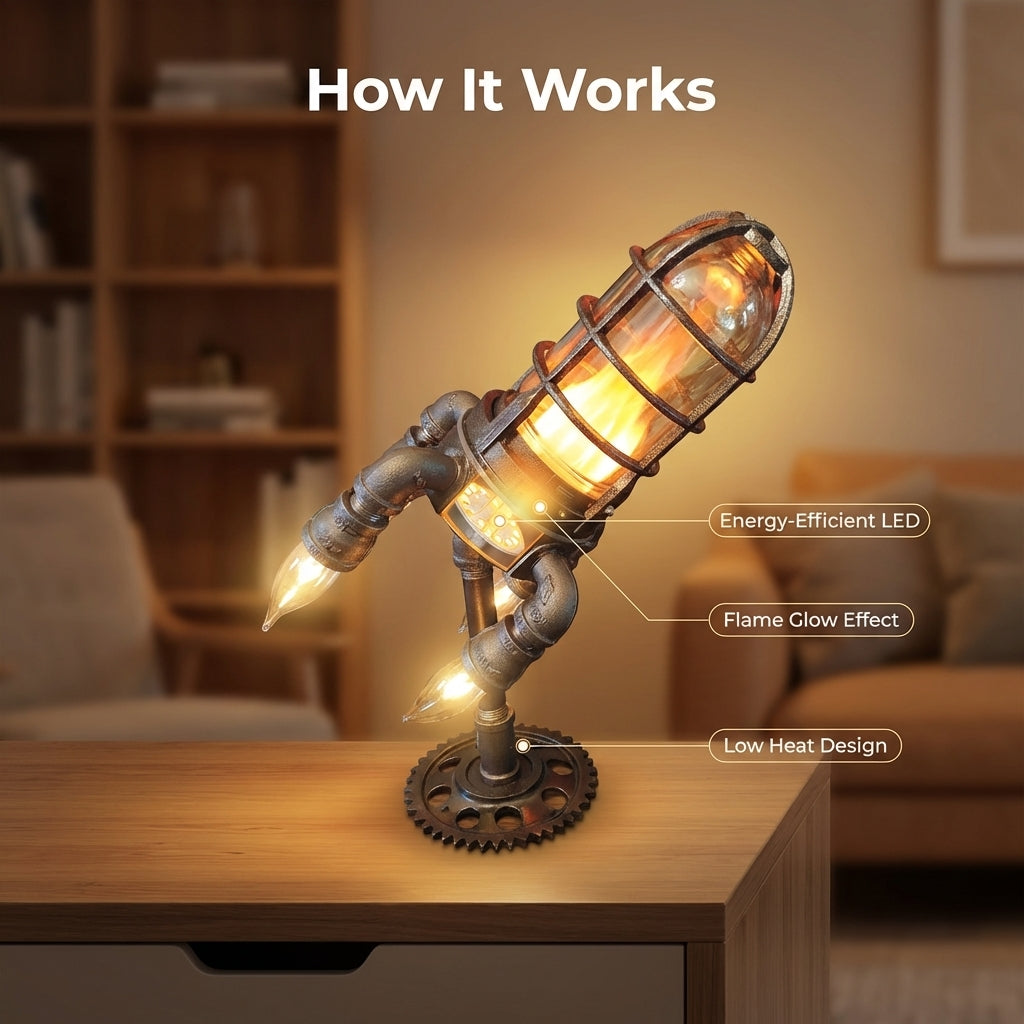 SteamRocket Flame Lamp | Steampunk Industrial Desk Light