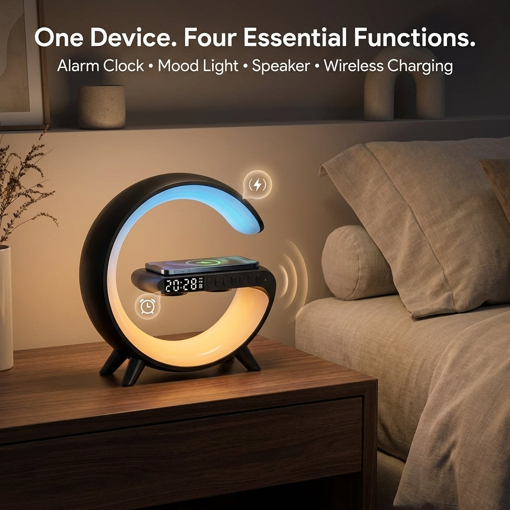 AuraSync 4-in-1 Alarm Clock | Mood Light, Bluetooth Speaker & Wireless Charger