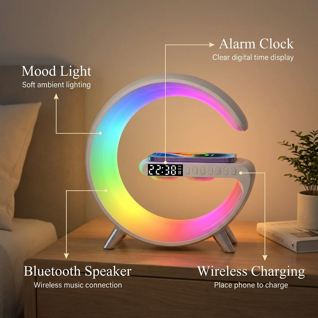 AuraSync 4-in-1 Alarm Clock | Mood Light, Bluetooth Speaker & Wireless Charger
