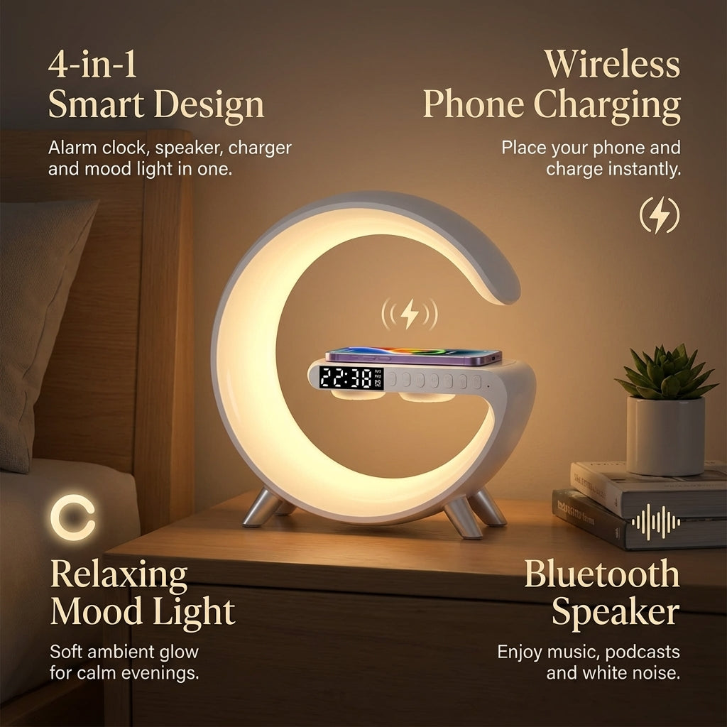 AuraSync 4-in-1 Alarm Clock | Mood Light, Bluetooth Speaker & Wireless Charger