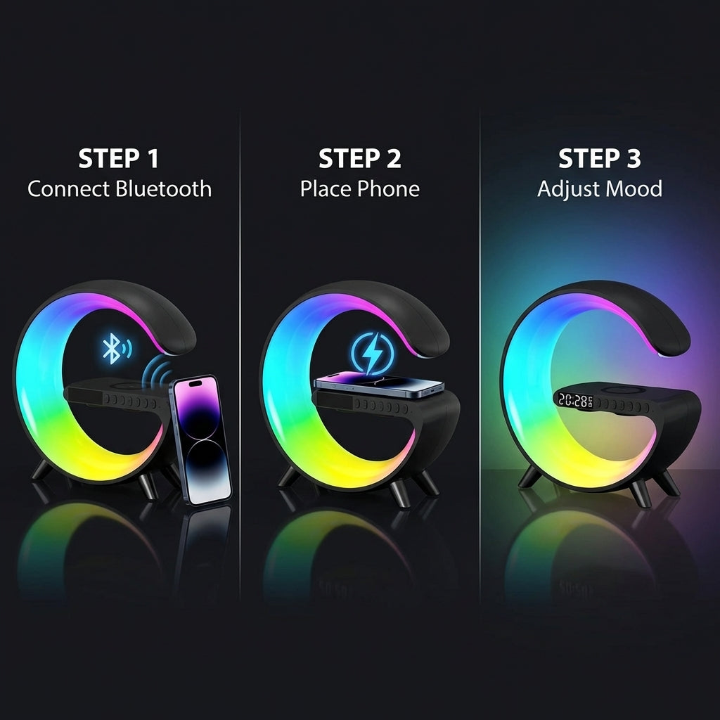 AuraSync 4-in-1 Alarm Clock | Mood Light, Bluetooth Speaker & Wireless Charger
