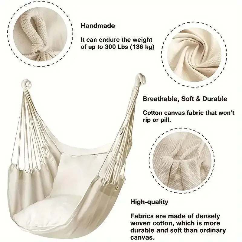 Durable Hanging Hammock Chair – Cotton Rope Boho Swing, Indoor/Outdoor