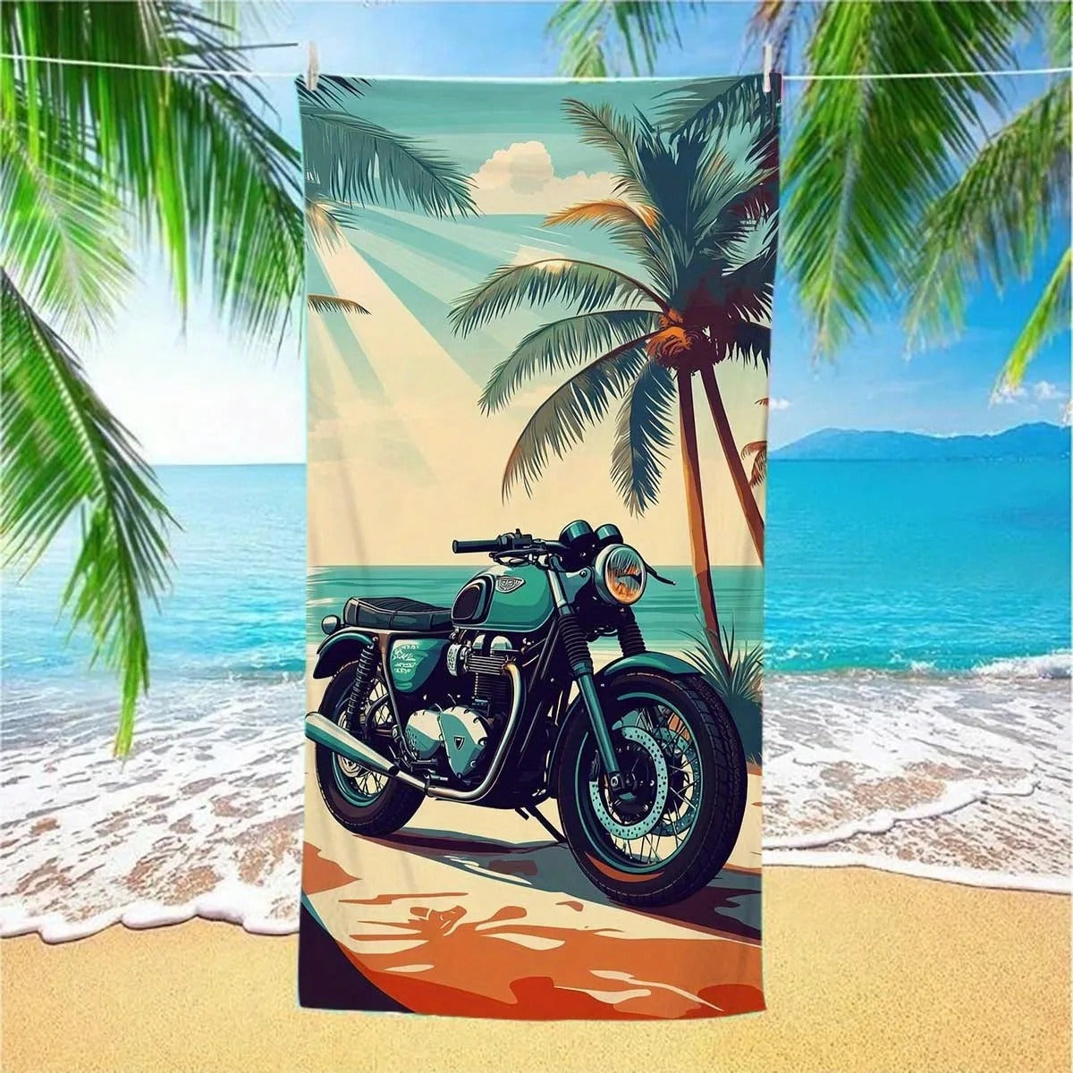 Vintage Motorcycle & Tropical Palm Beach Towel 180cm