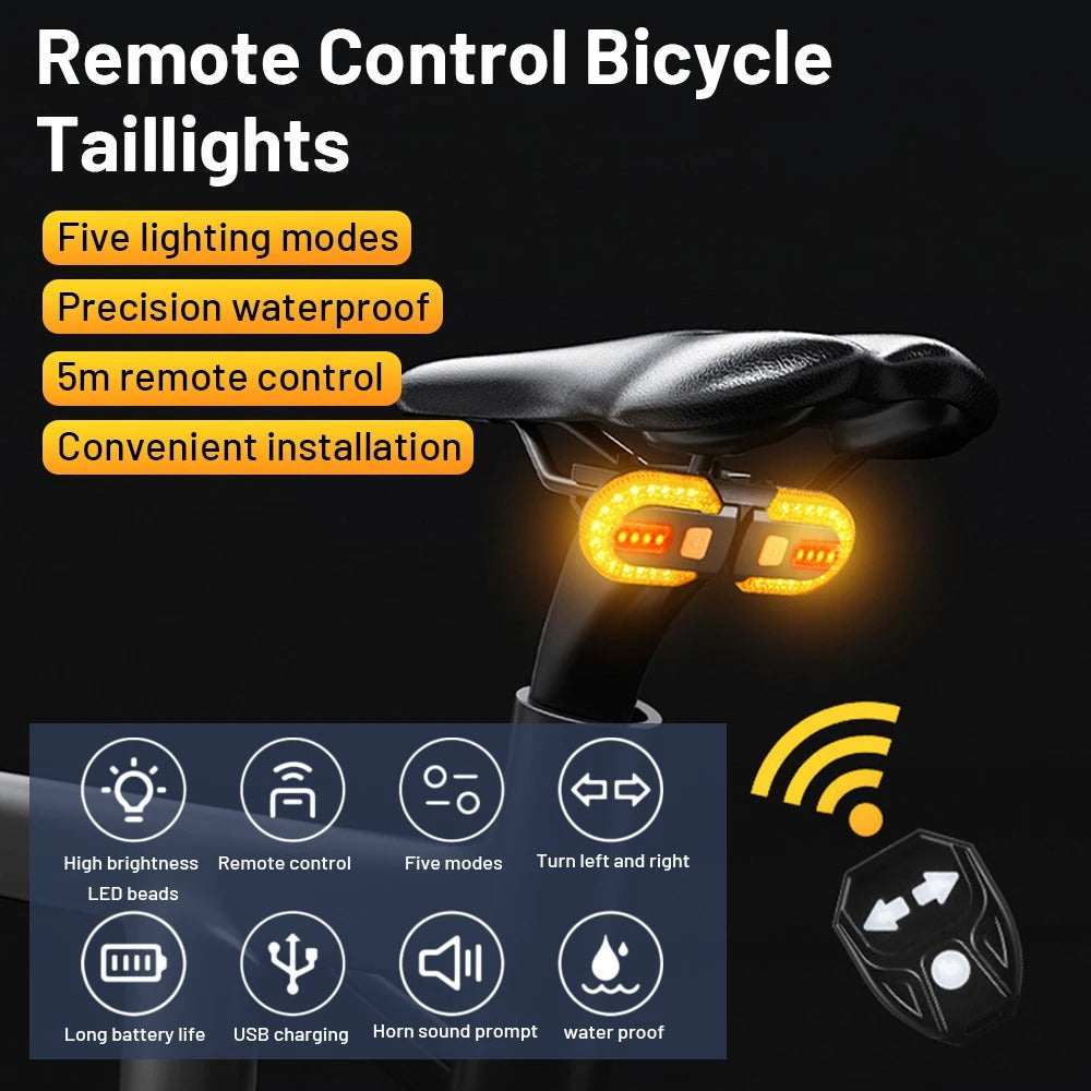 USB Rechargeable Remote Control Bicycle Taillight – LED Turn Signal & Brake Light