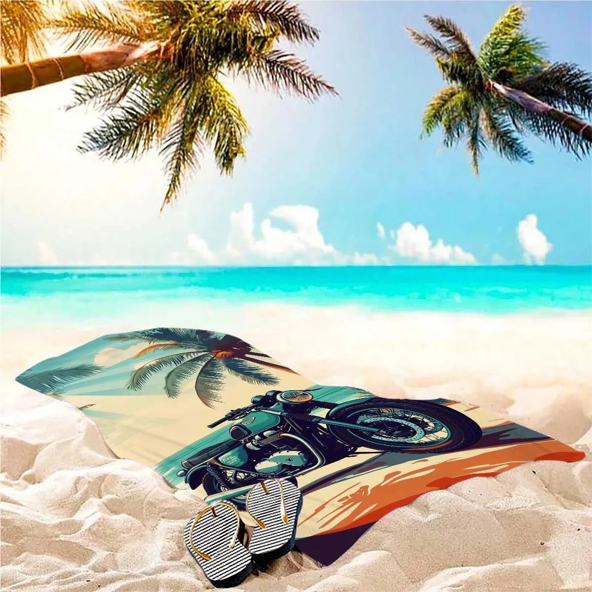 Vintage Motorcycle & Tropical Palm Beach Towel 180cm