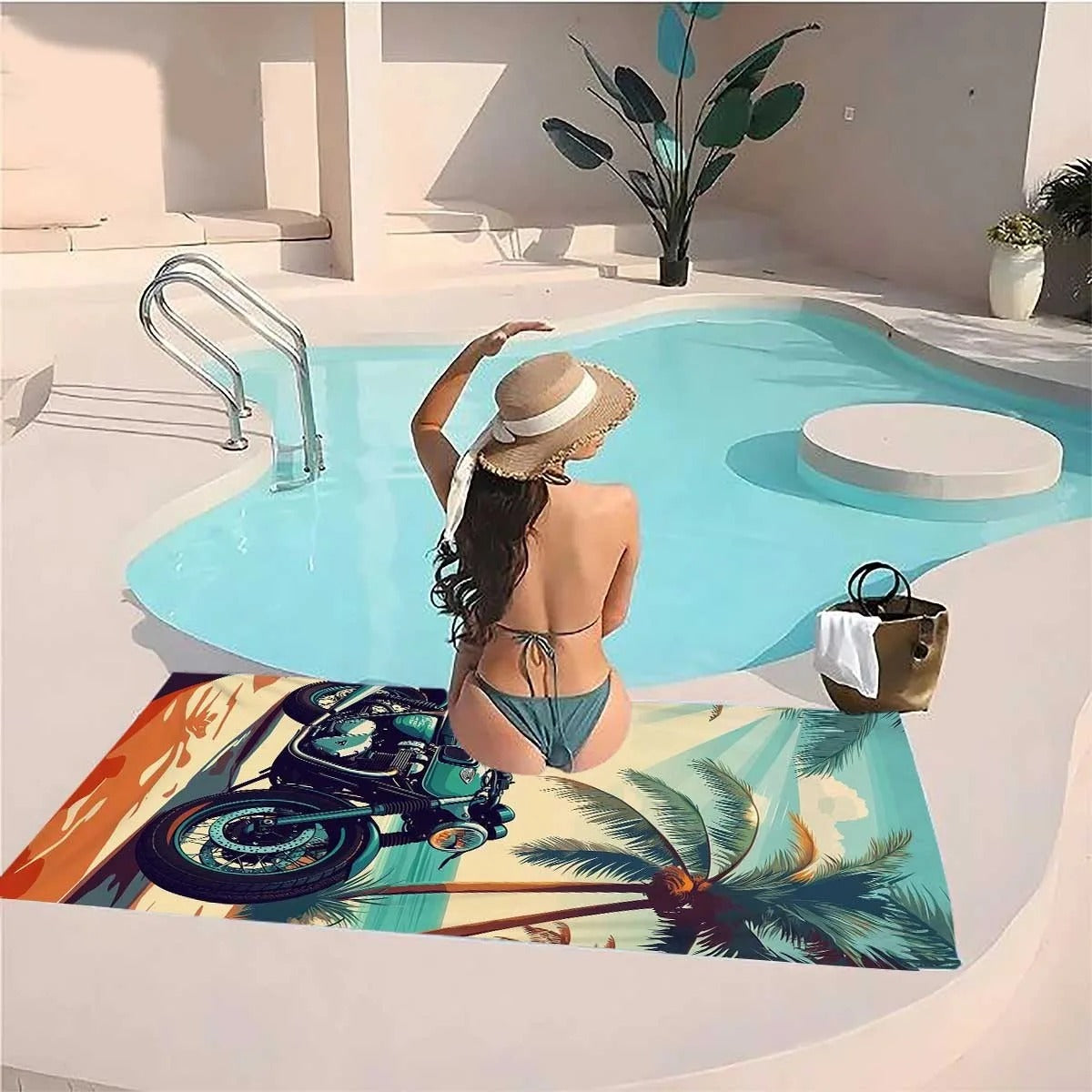 Vintage Motorcycle & Tropical Palm Beach Towel 180cm
