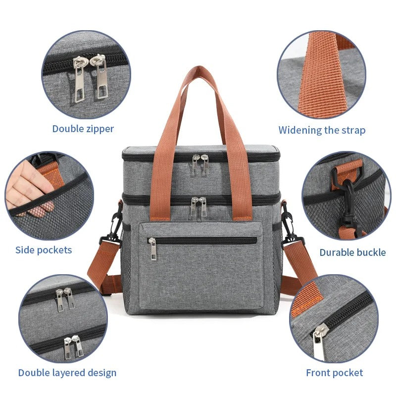 Large Capacity Double Layers Tote Cooler Lunch Bag - Waterproof Insulated