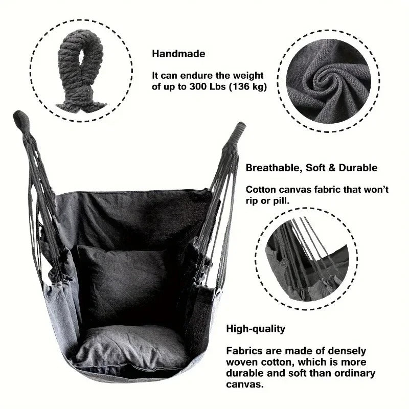 Durable Hanging Hammock Chair – Cotton Rope Boho Swing, Indoor/Outdoor