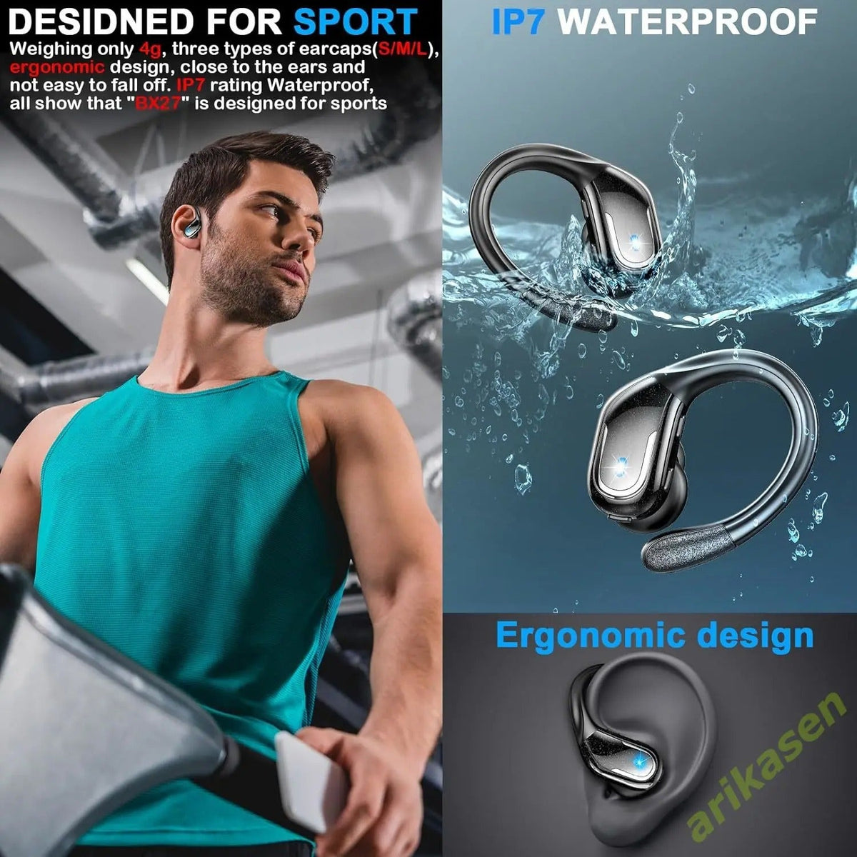 Bluetooth 5.3 Wireless Headphones IP7 Waterproof Earphones