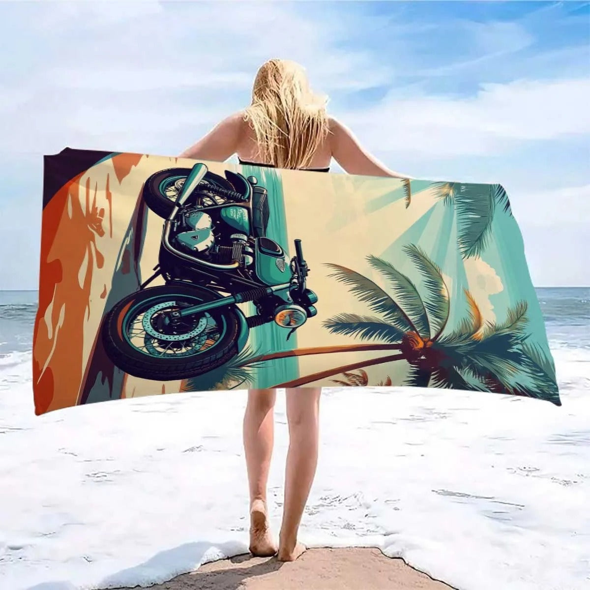 Vintage Motorcycle & Tropical Palm Beach Towel 180cm