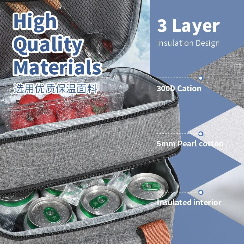 Large Capacity Double Layers Tote Cooler Lunch Bag - Waterproof Insulated