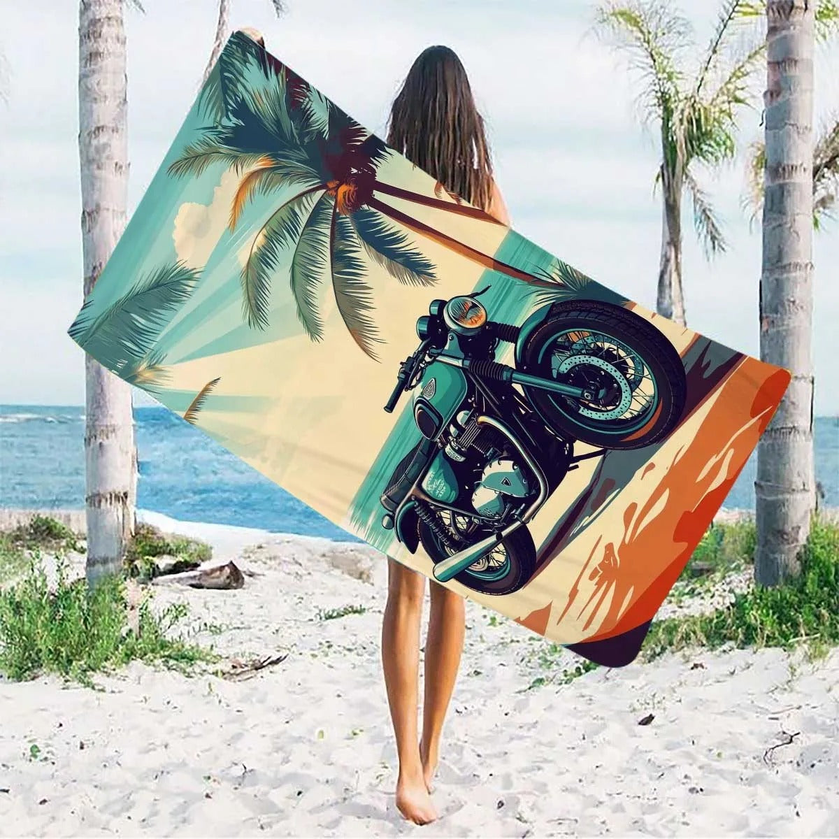 Vintage Motorcycle & Tropical Palm Beach Towel 180cm