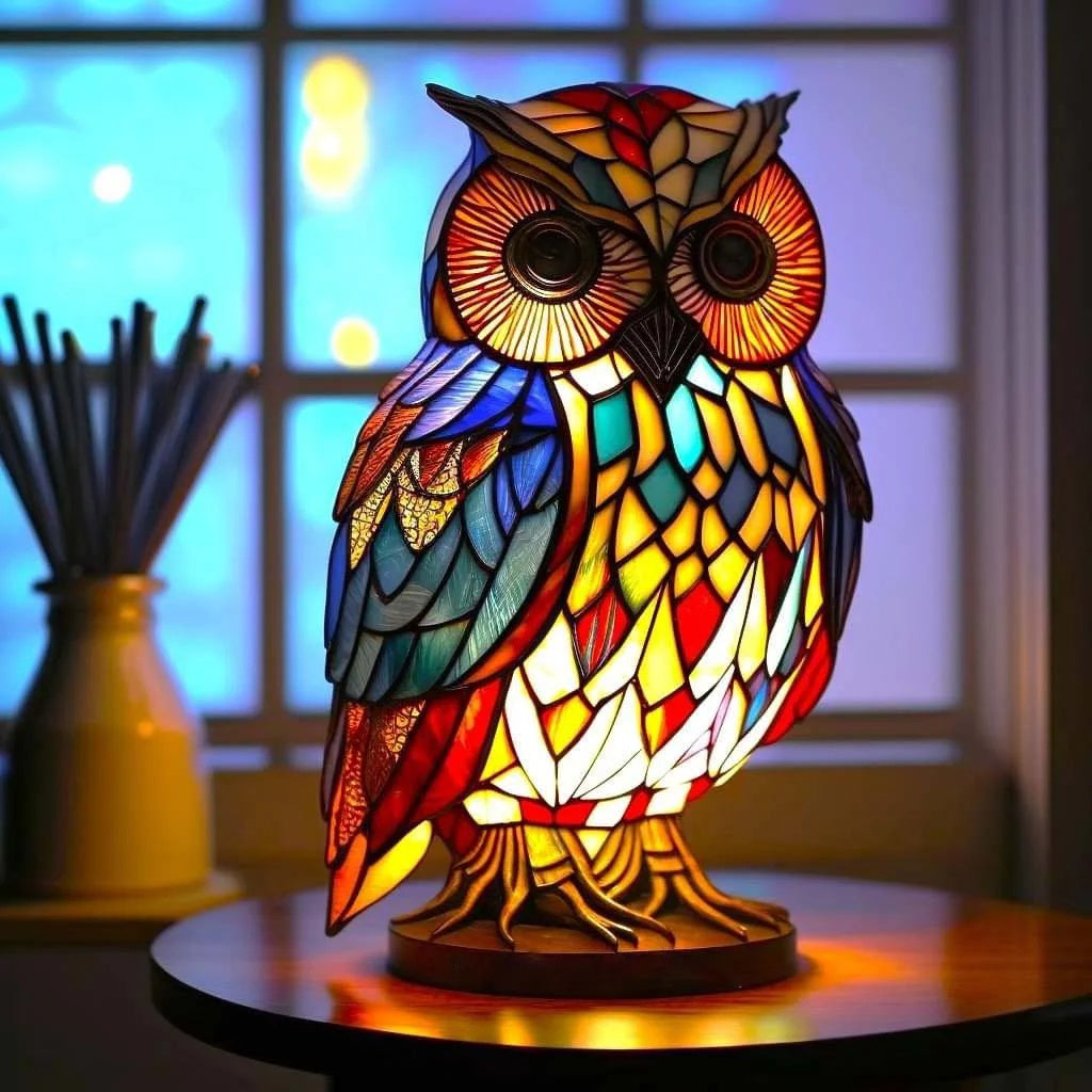 Bunte Eulenlampe aus Tiffany-Glas auf Tisch, dekorative Beleuchtung, Wohnzimmer-Dekor.