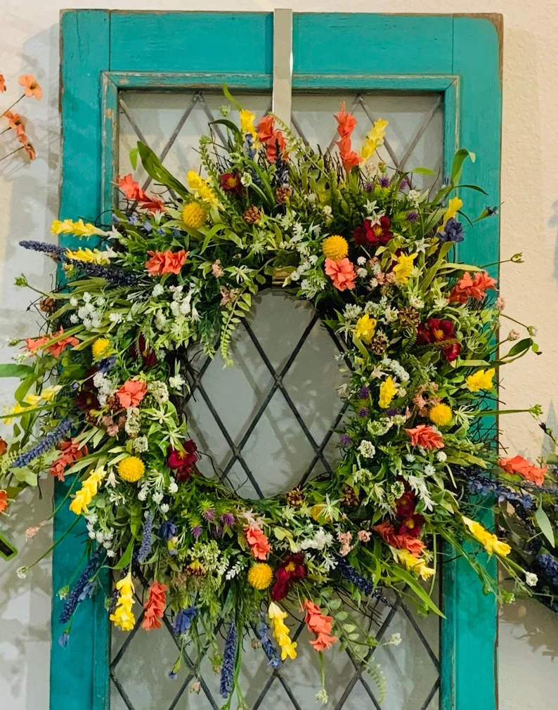 BloomAura Spring Door Wreath | Floral & Eucalyptus Front Door Decor 16in