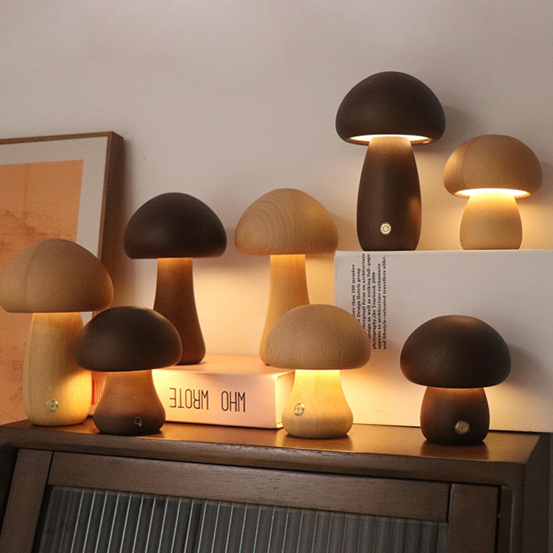 WoodMush Glow Table Lamp | Vintage Wooden Mushroom LED Light