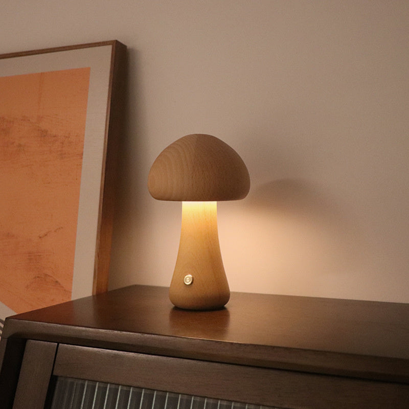 WoodMush Glow Table Lamp | Vintage Wooden Mushroom LED Light