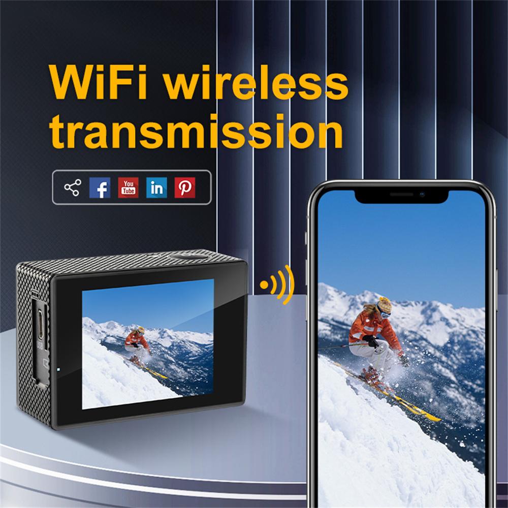 4K WiFi Action Camera 1080P30FPS, 2.0 Screen, Waterproof, Underwater and Helmet Mount Sports Camera