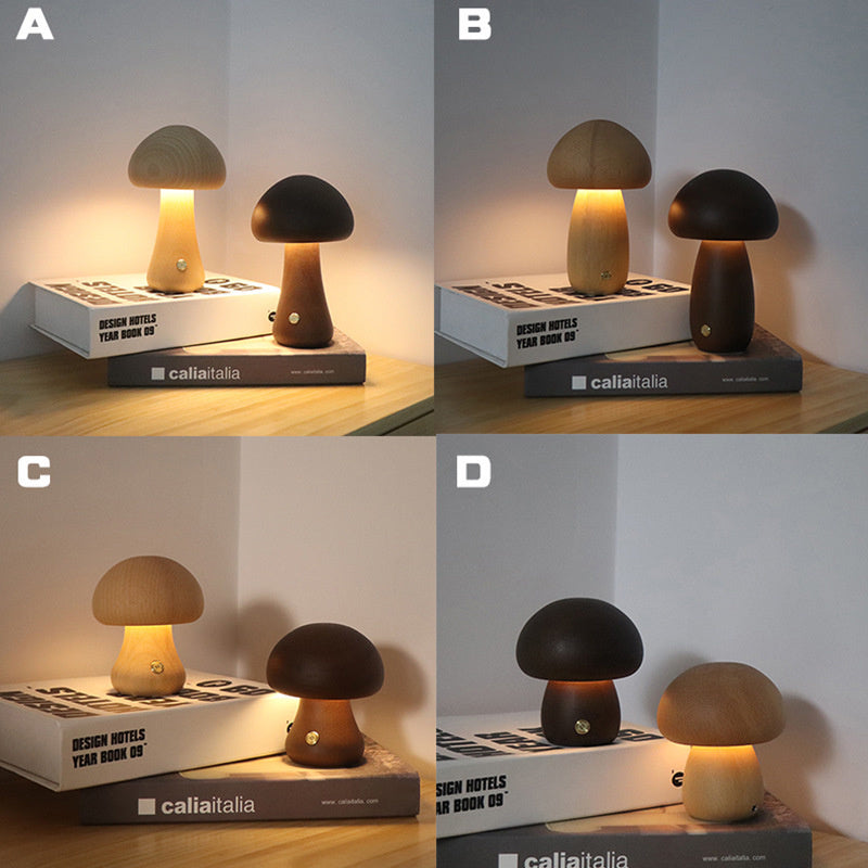 WoodMush Glow Table Lamp | Vintage Wooden Mushroom LED Light