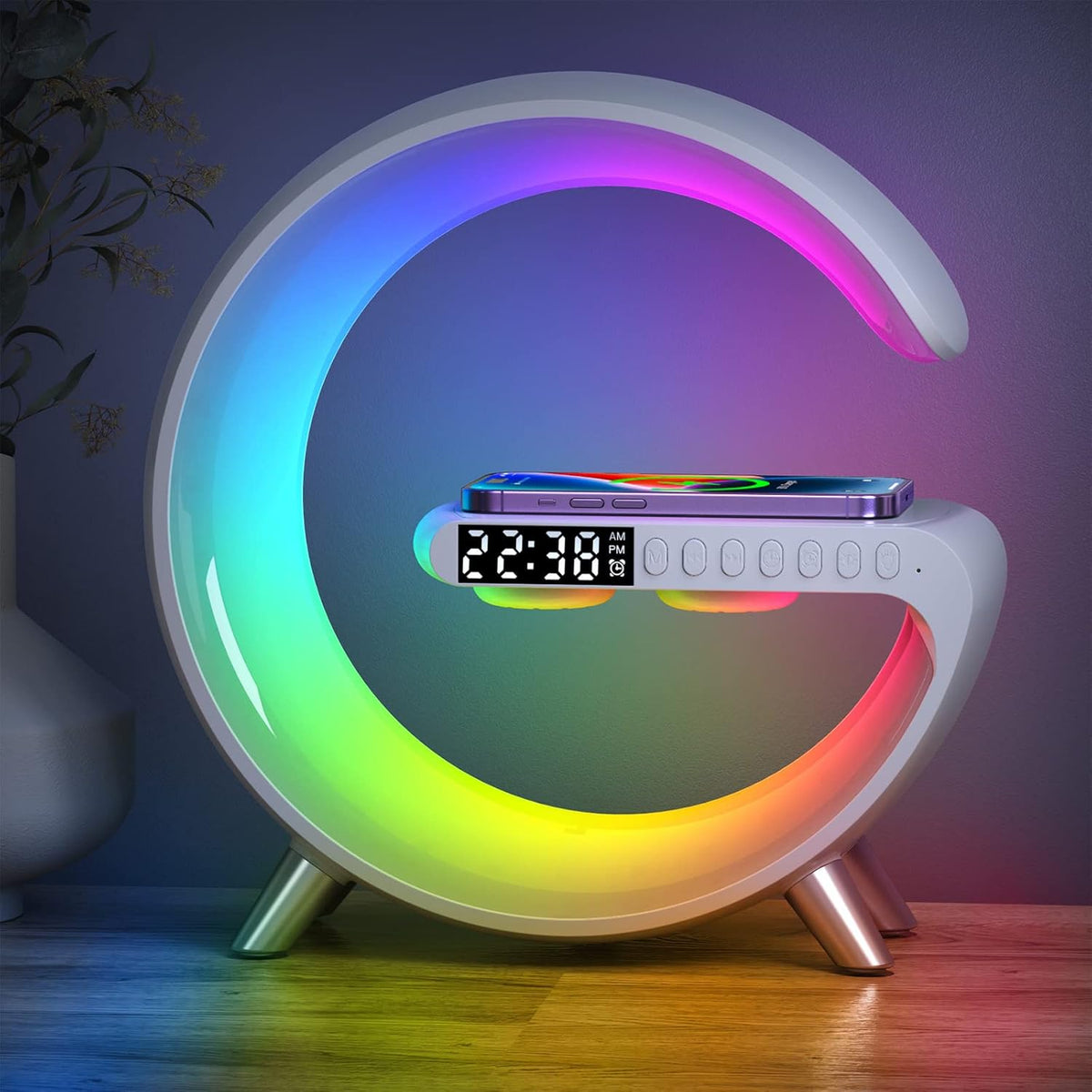 AuraSync 4-in-1 Alarm Clock | Mood Light, Bluetooth Speaker & Wireless Charger