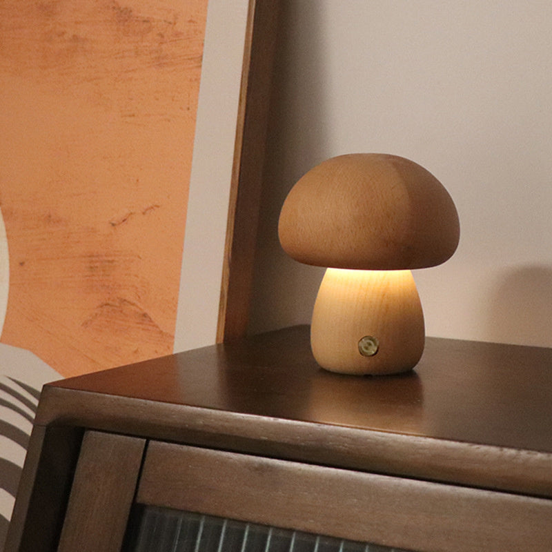 WoodMush Glow Table Lamp | Vintage Wooden Mushroom LED Light