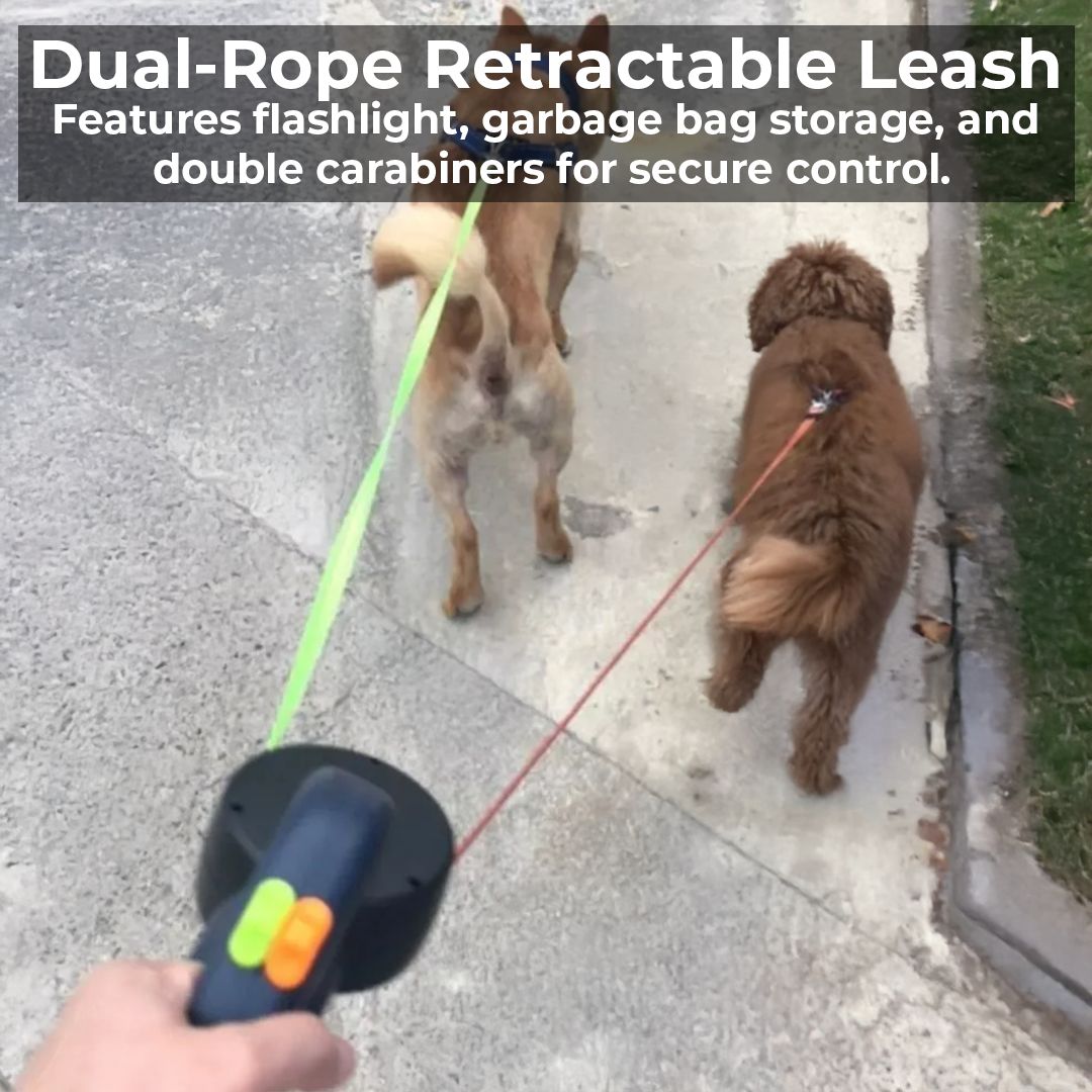 Dual Retractable Dog Leash with Light and Bag Holder