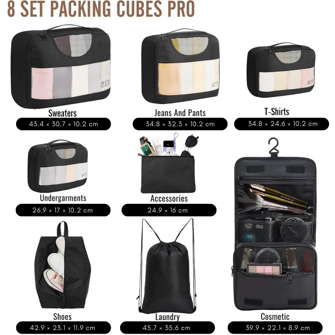 8 Piece Travel Packing Cubes Durable Space-Saving Organizers