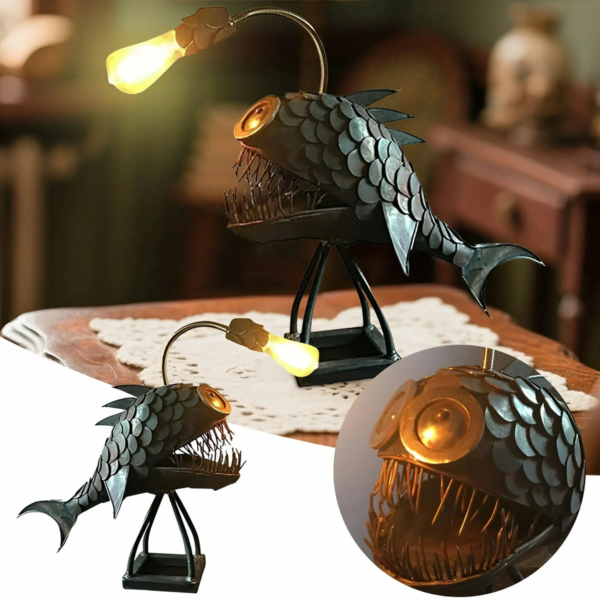 AquaGlow Angler Fish Lamp | Rustic Adjustable LED Table Light