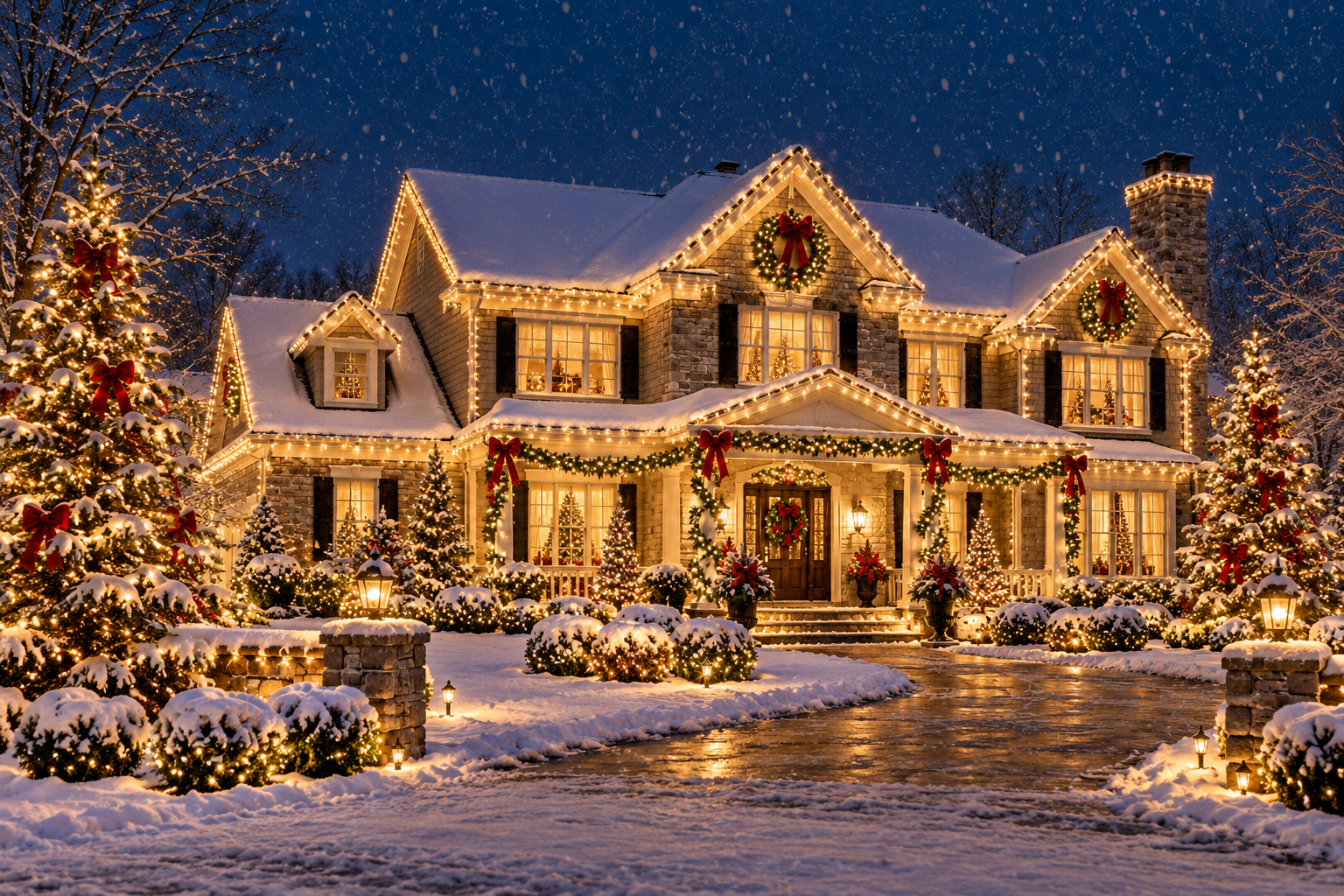 A snow-covered house glowing with Christmas lights, evergreen garlands and red bows