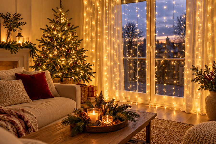 Warm Christmas lights in a thoughtfully styled home