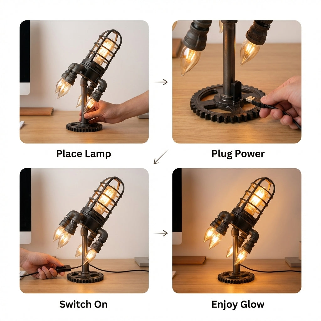 SteamRocket Flame Lamp | Steampunk Industrial Desk Light