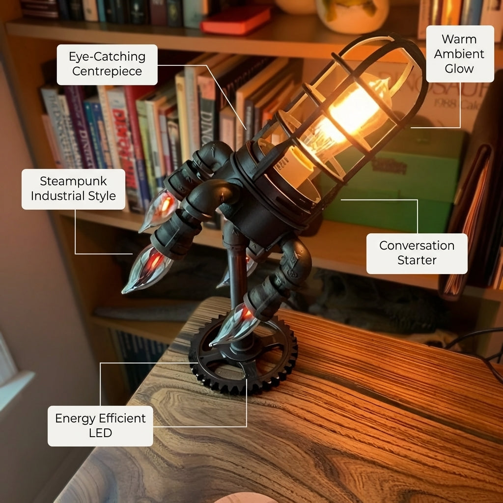 SteamRocket Flame Lamp | Steampunk Industrial Desk Light