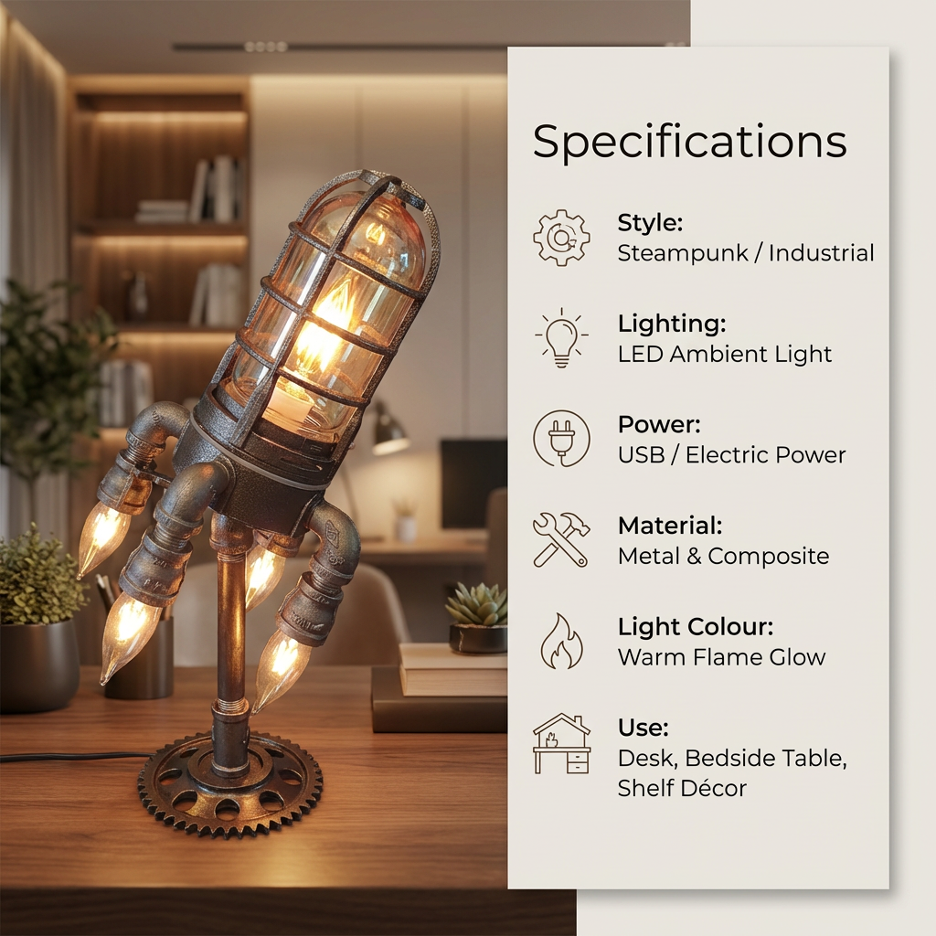 SteamRocket Flame Lamp | Steampunk Industrial Desk Light