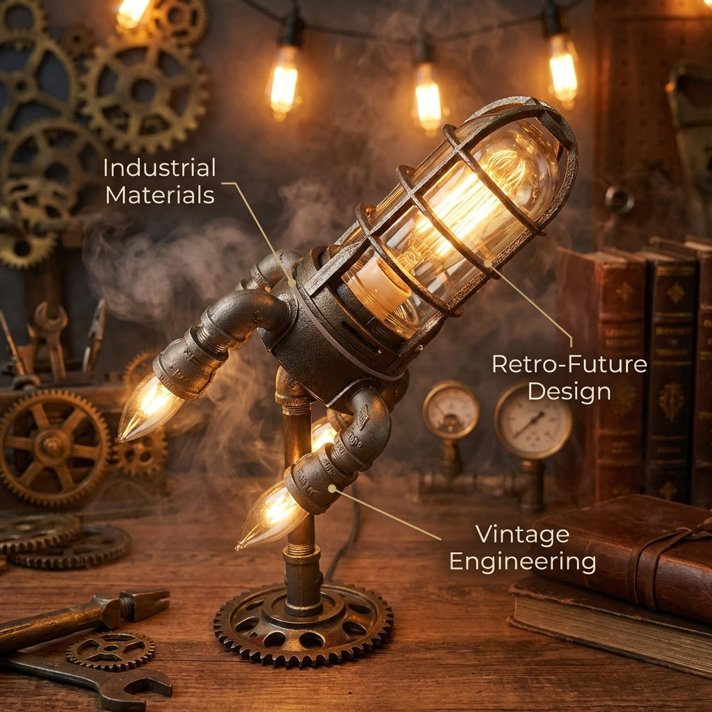 SteamRocket Flame Lamp | Steampunk Industrial Desk Light