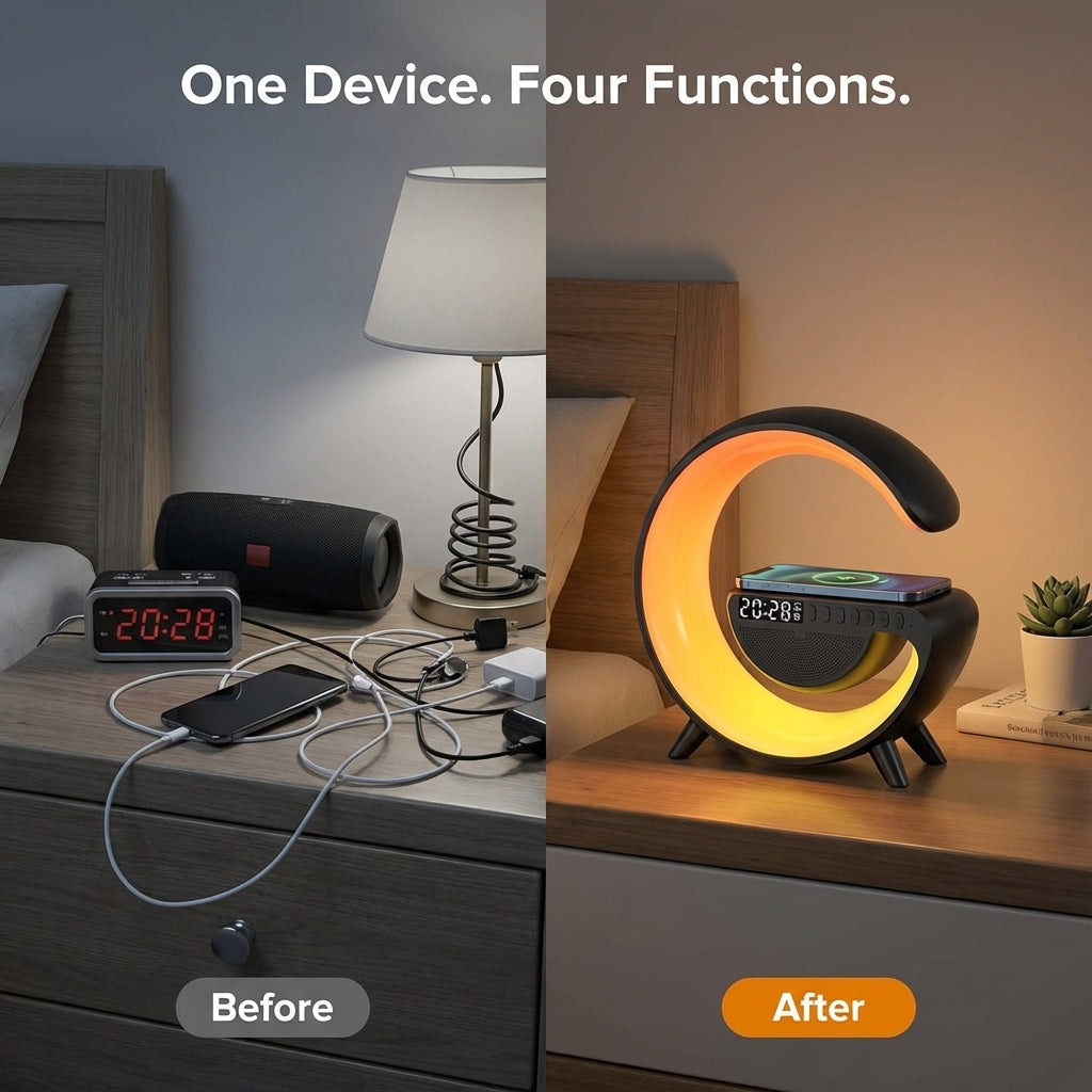 AuraSync 4-in-1 Alarm Clock | Mood Light, Bluetooth Speaker & Wireless Charger