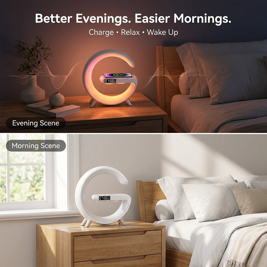 AuraSync 4-in-1 Alarm Clock | Mood Light, Bluetooth Speaker & Wireless Charger