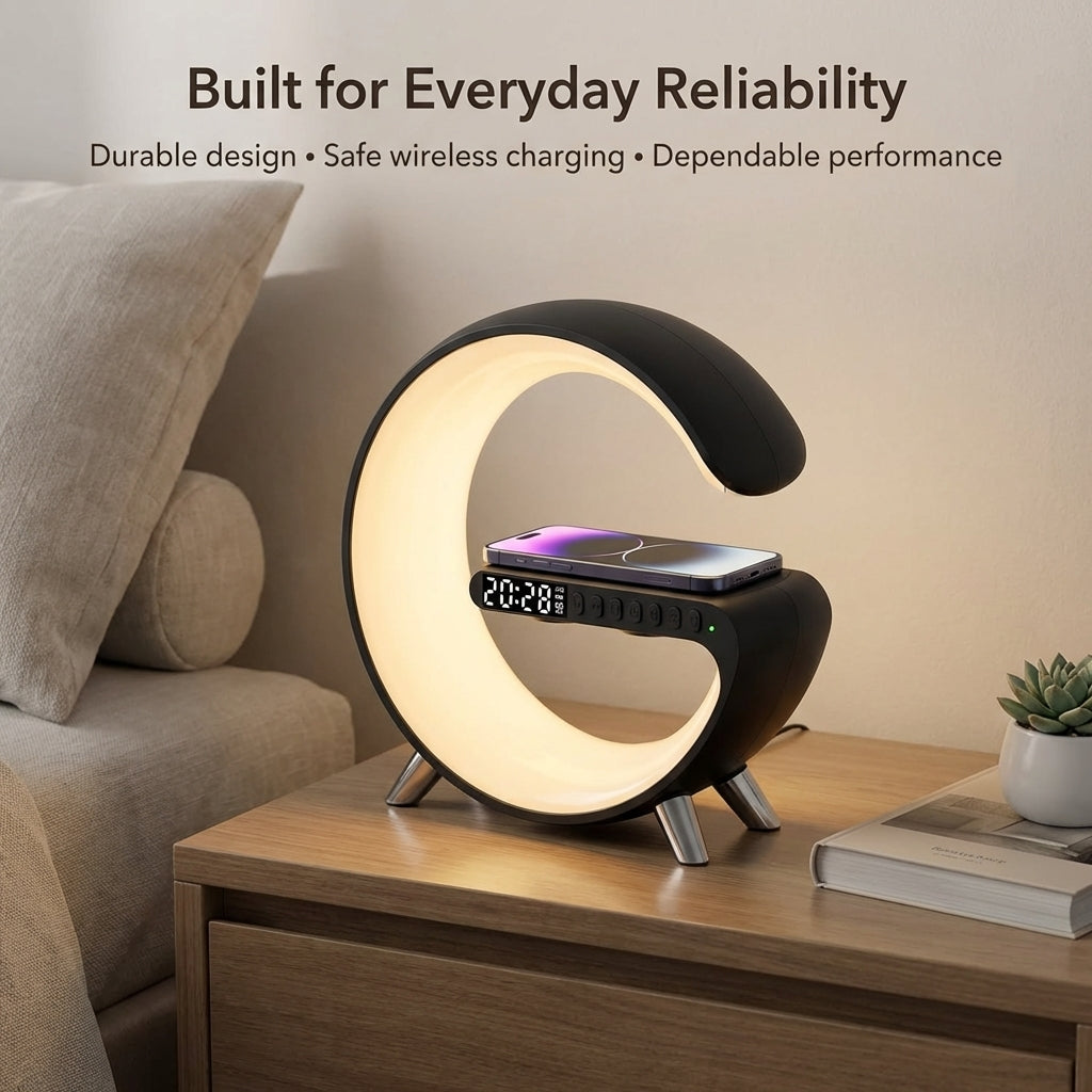 AuraSync 4-in-1 Alarm Clock | Mood Light, Bluetooth Speaker & Wireless Charger