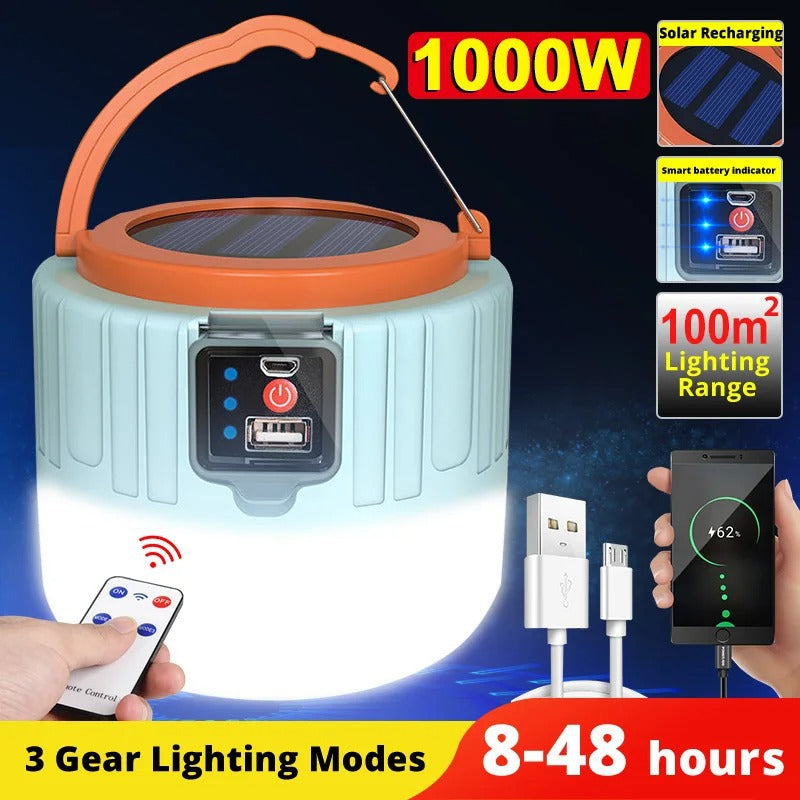 1000W Solar LED Camping Lantern – USB Waterproof Light