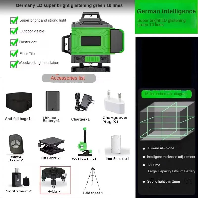 4D Green Laser Level – 12/16 Line Self-Leveling