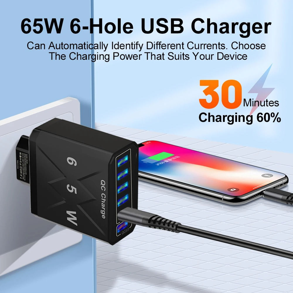 65W 6-Port USB Fast Charging Station with QC 3.0