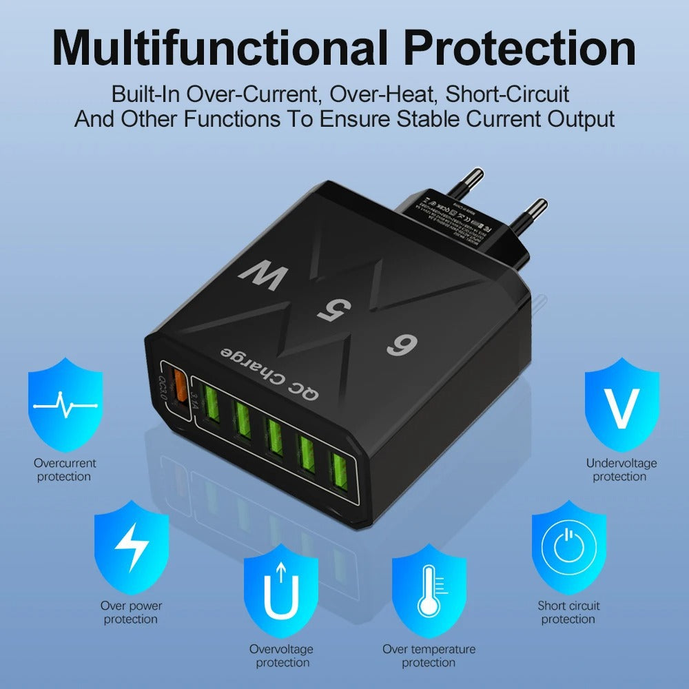 65W 6-Port USB Fast Charging Station with QC 3.0