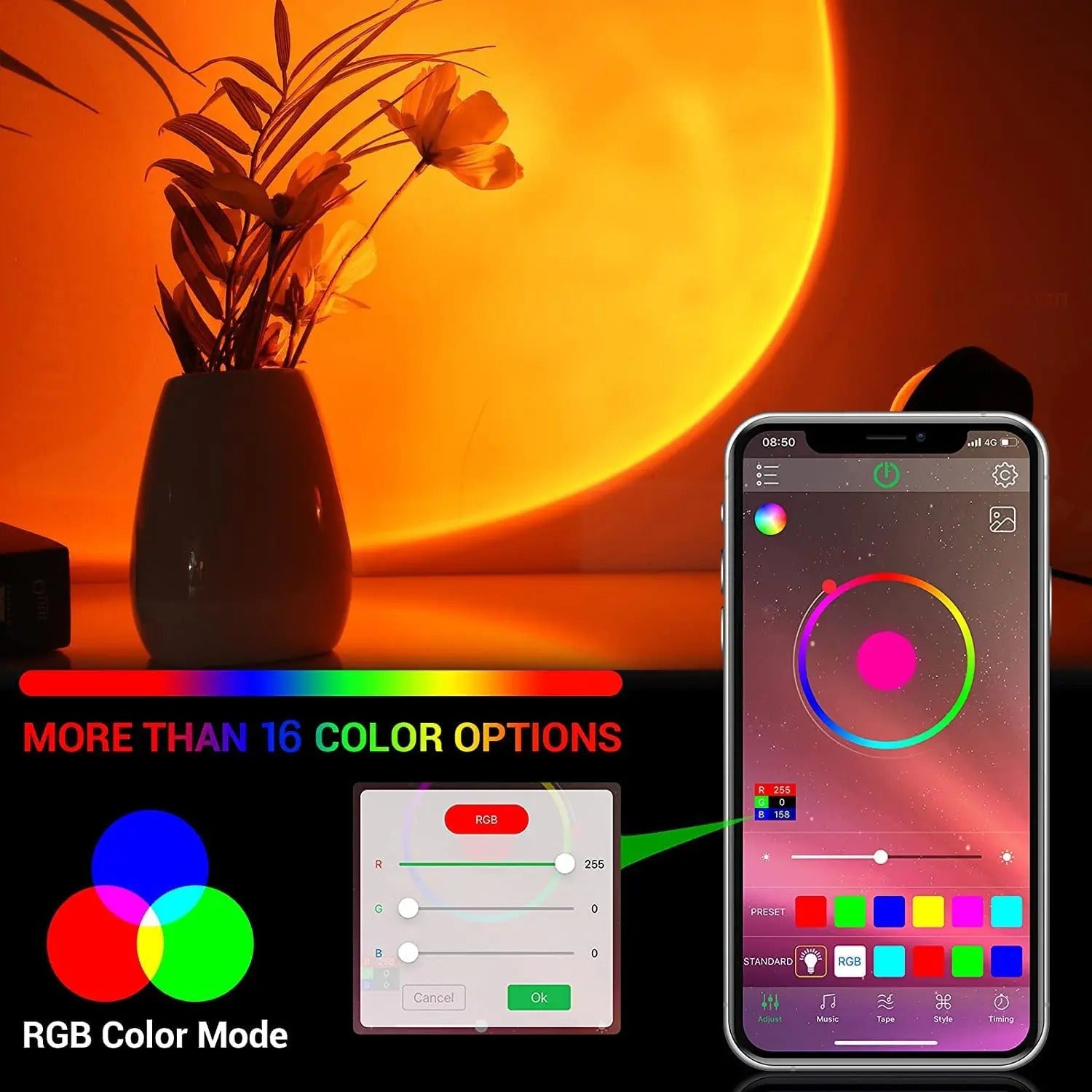 Bluetooth Sunset Projector Lamp – Rainbow Ambient Night Light