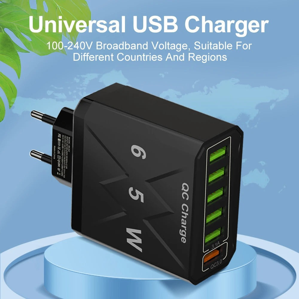 65W 6-Port USB Fast Charging Station with QC 3.0