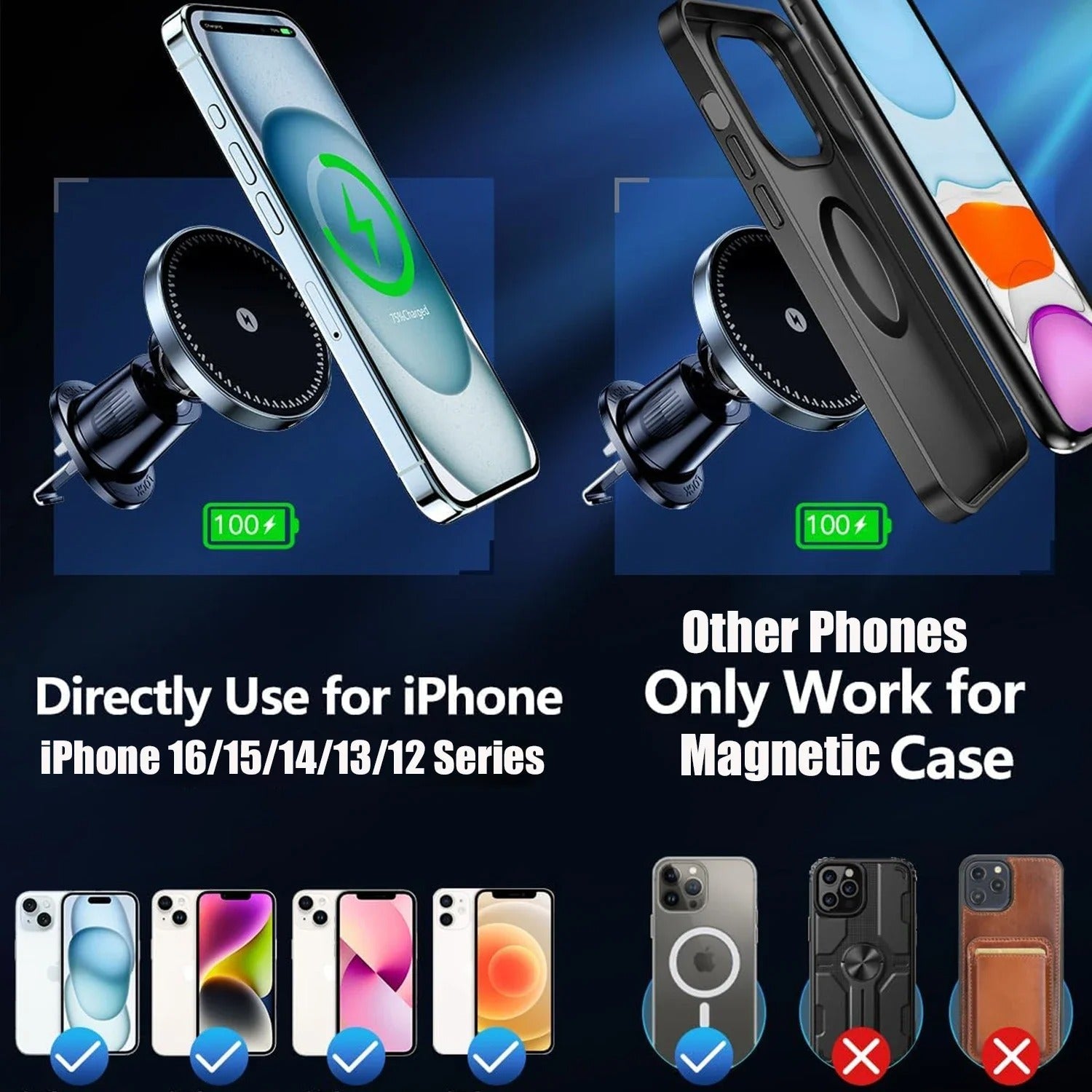 Magnetic Wireless Car Charger – 15W Air Vent Mount, Magnetic Phone Holder