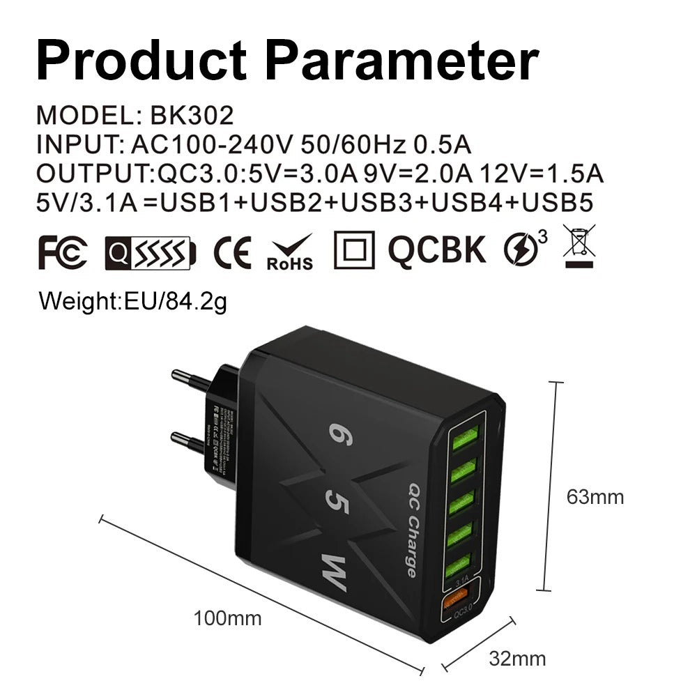 65W 6-Port USB Fast Charging Station with QC 3.0