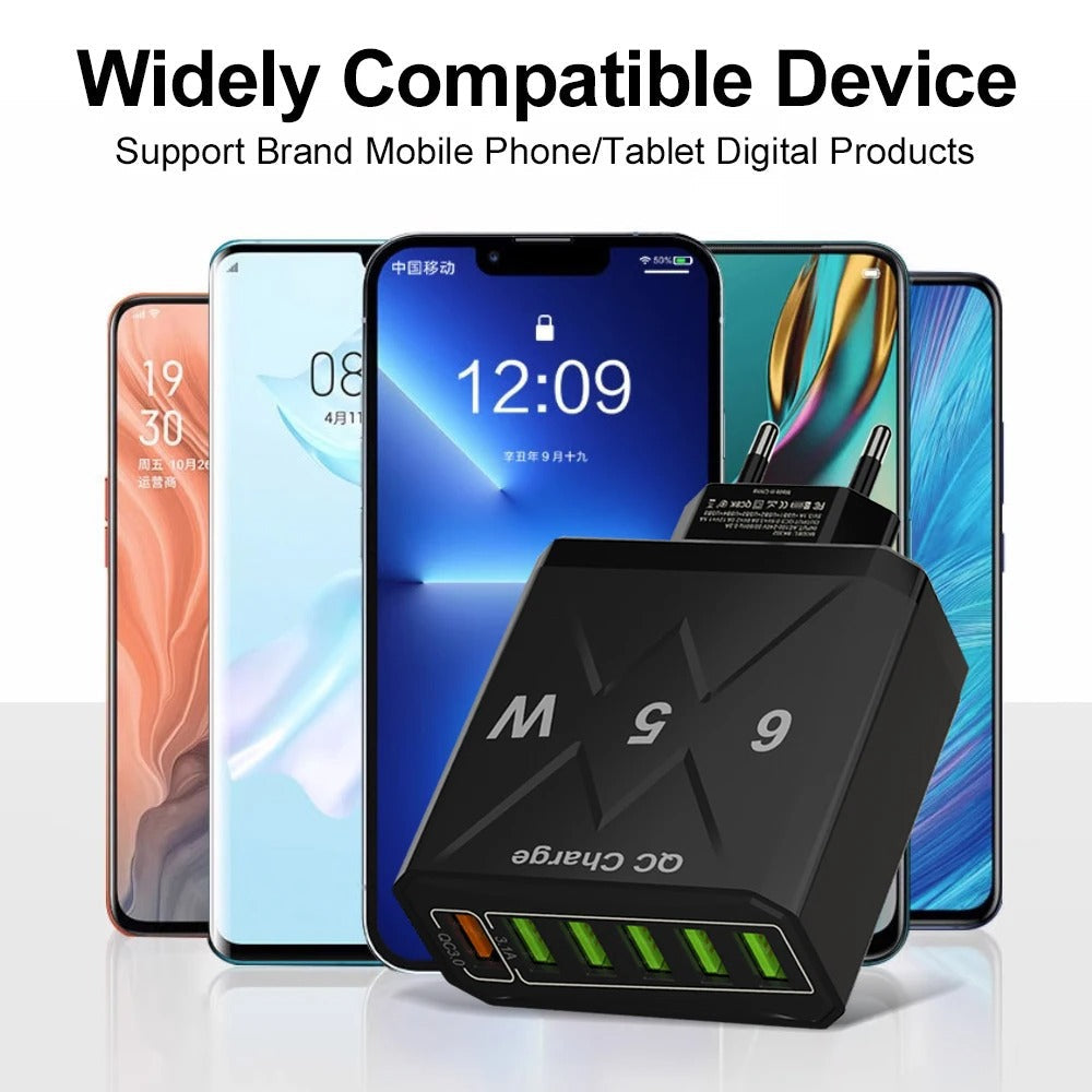 65W 6-Port USB Fast Charging Station with QC 3.0