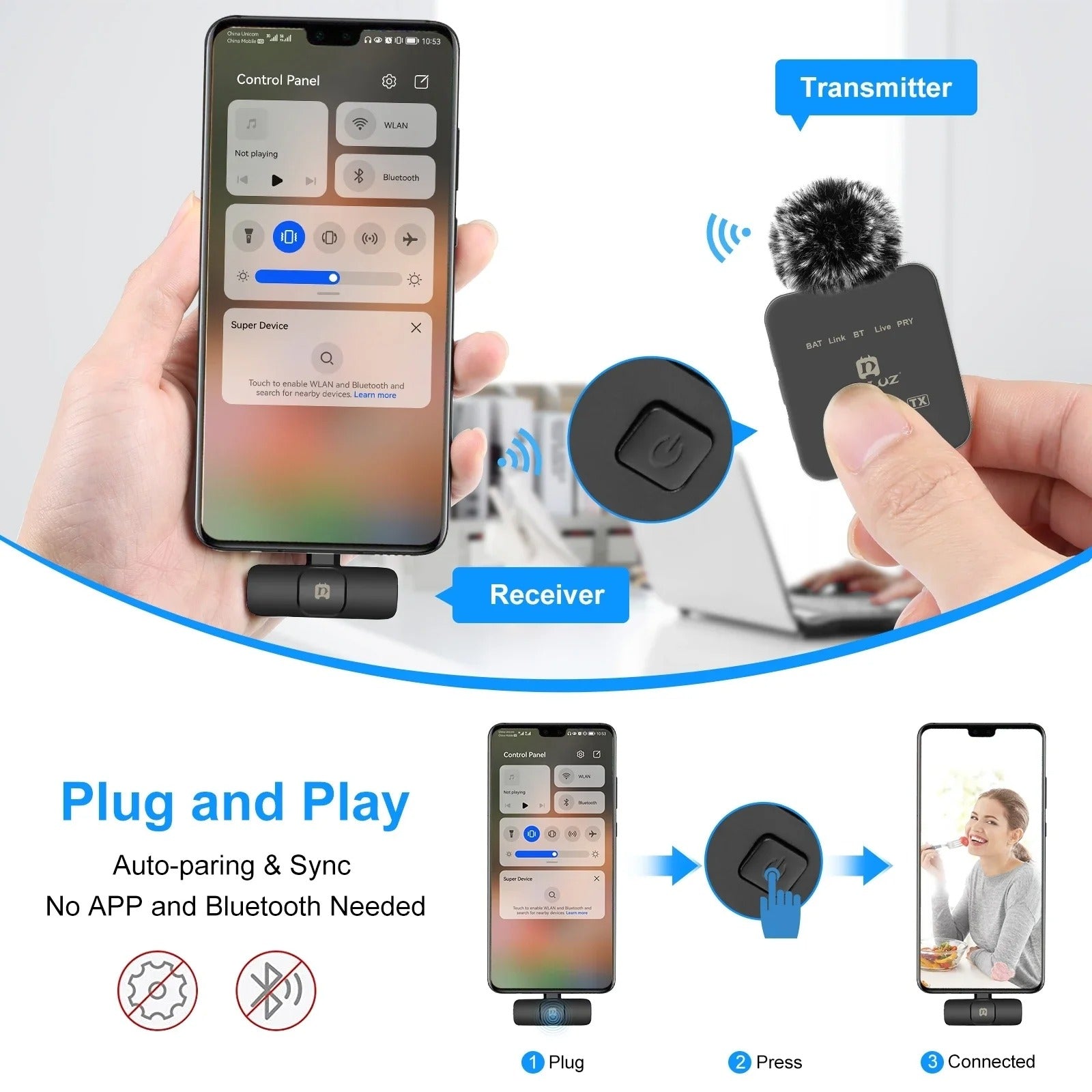 Wireless Lavalier Microphone with Noise Reduction for Smartphones