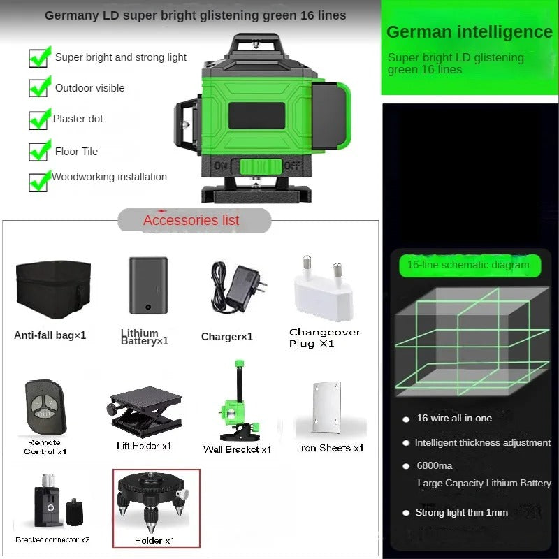 4D Green Laser Level – 12/16 Line Self-Leveling