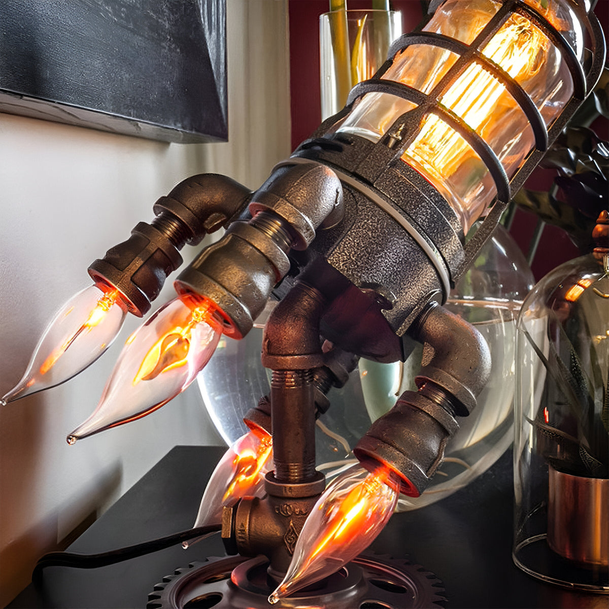 SteamRocket Flame Lamp | Steampunk Industrial Desk Light
